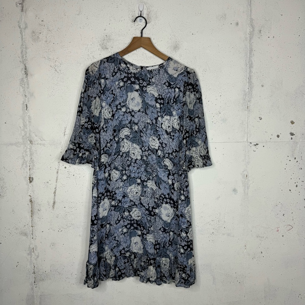 Ganni Elm Printed Georgette Mini Dress Ruffle Sleeve Floral Print Large